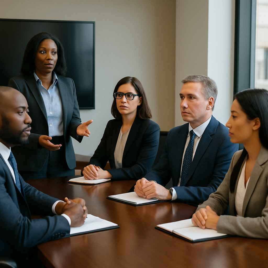 Banking leadership team attending a fair hiring training session focused on compliance and inclusive recruitment under Fair Hiring in Banking regulations