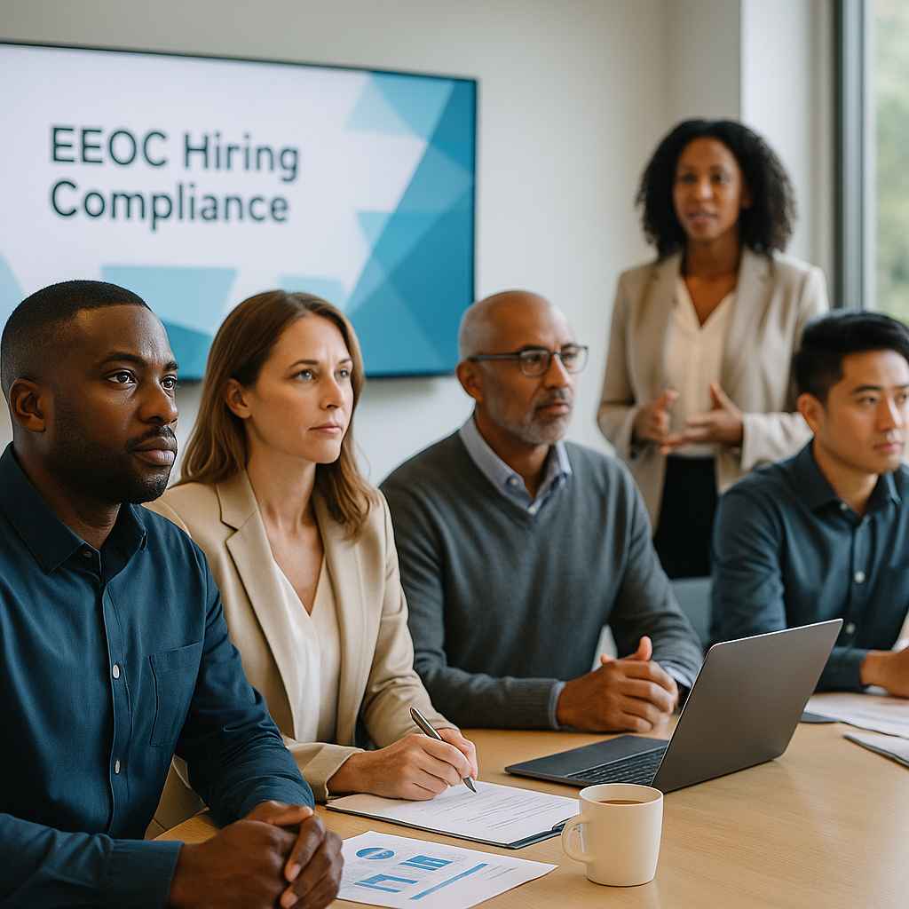 Diverse job applicants reading inclusive job postings aligned with EEOC compliance.