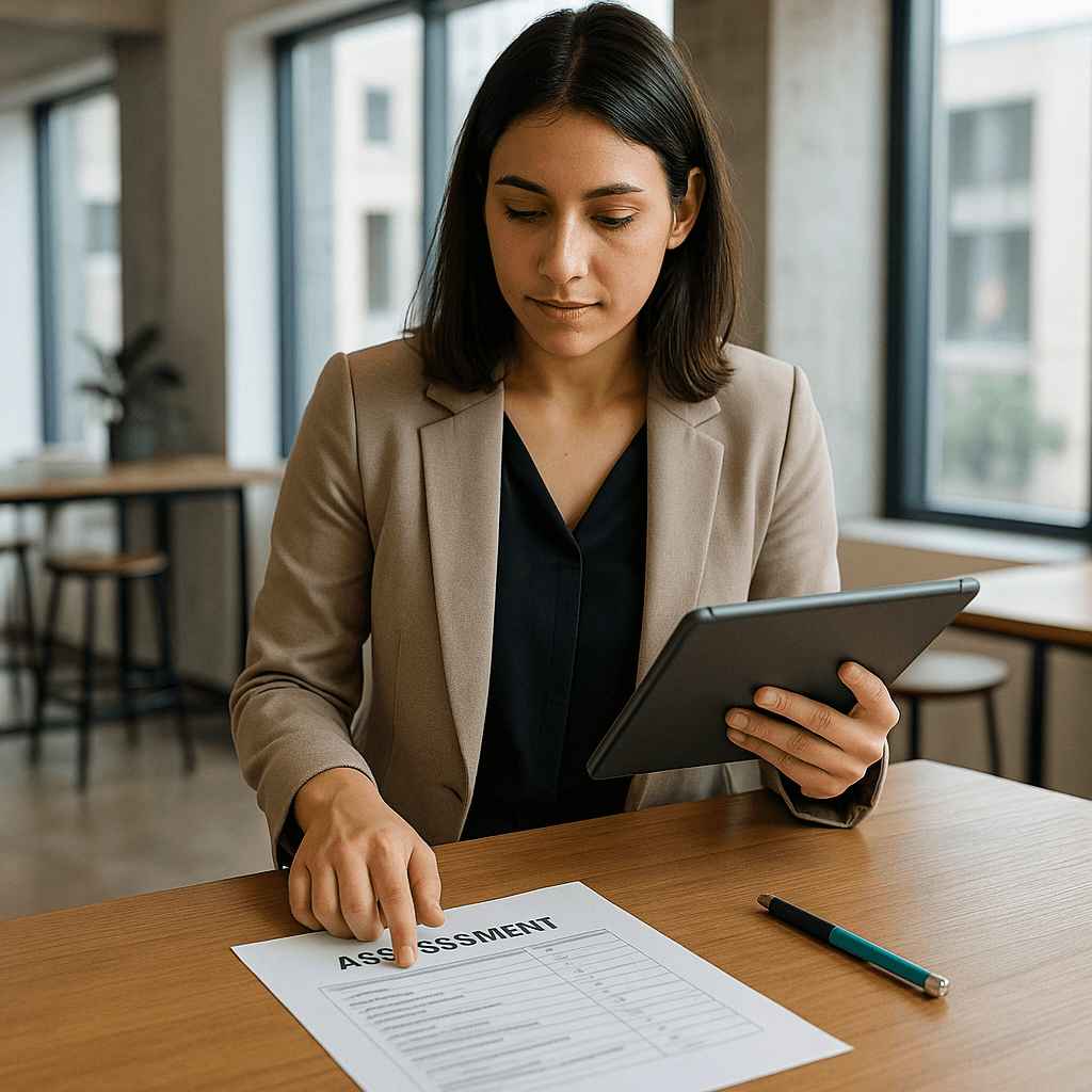 HR professional reviewing assessment links in recruitment using both a printed form and a tablet