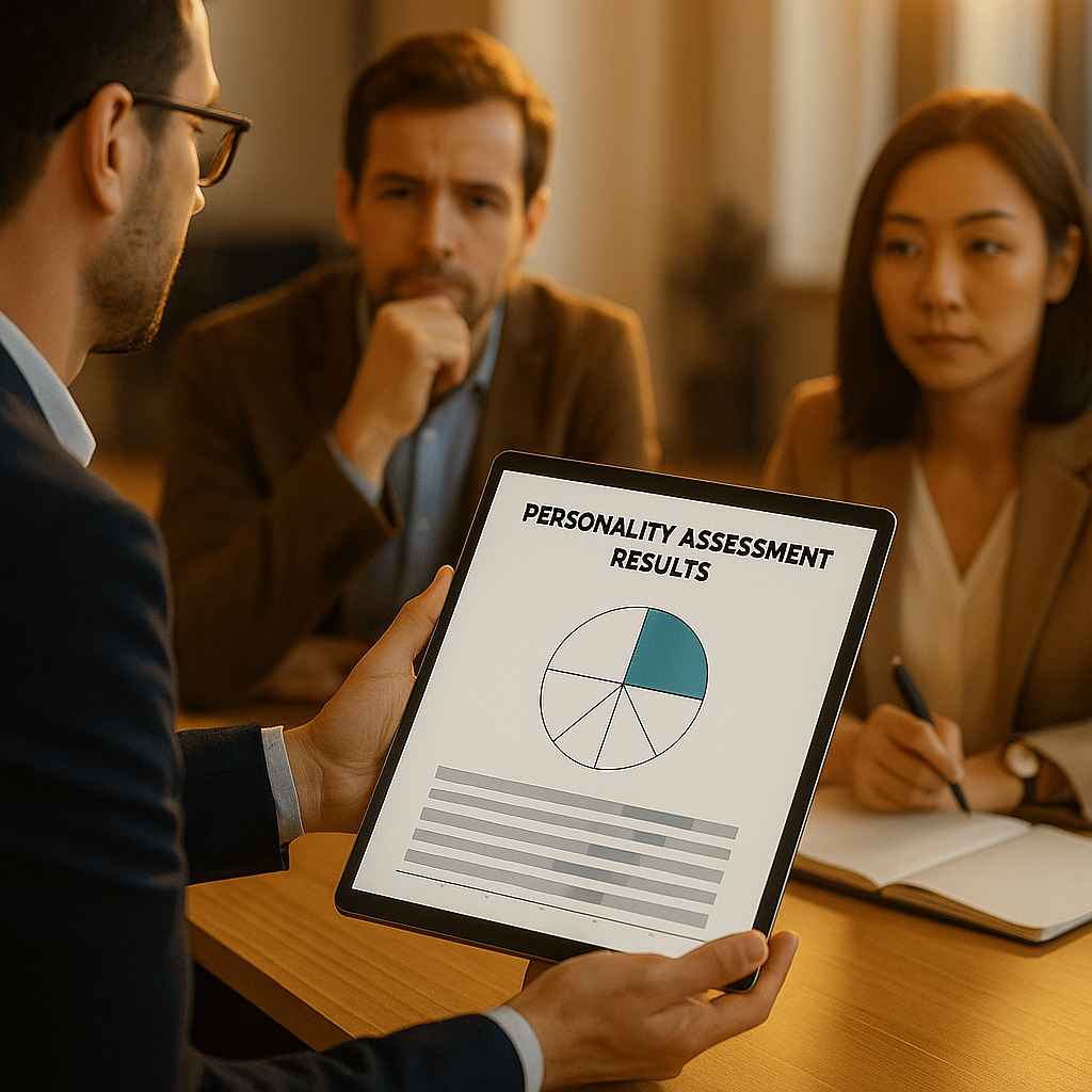 Three professionals in a conference room discussing candidate assessment insights on a laptop.