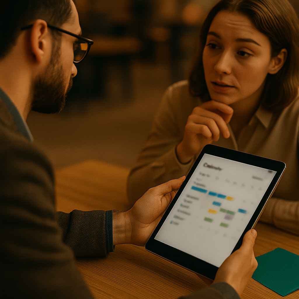 Coworkers reviewing calendar dates together to plan upcoming interview logistics.