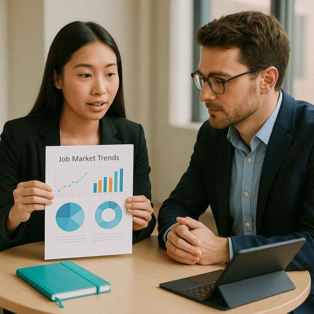 Professional woman showing job market trends report to a coworker during a hiring strategy meeting.