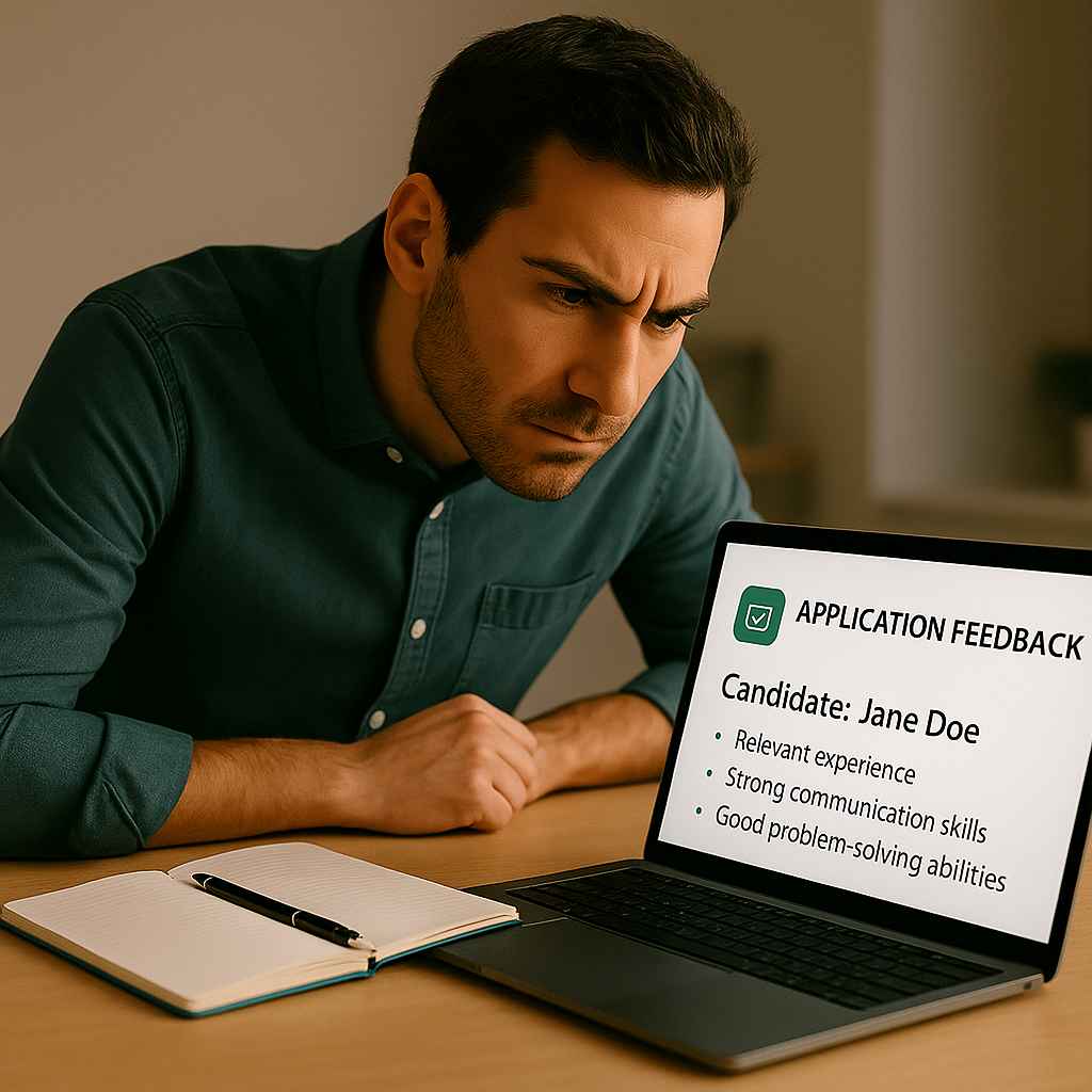 A hiring manager carefully reviews structured candidate feedback on a laptop, noting soft skills and experience alignment.