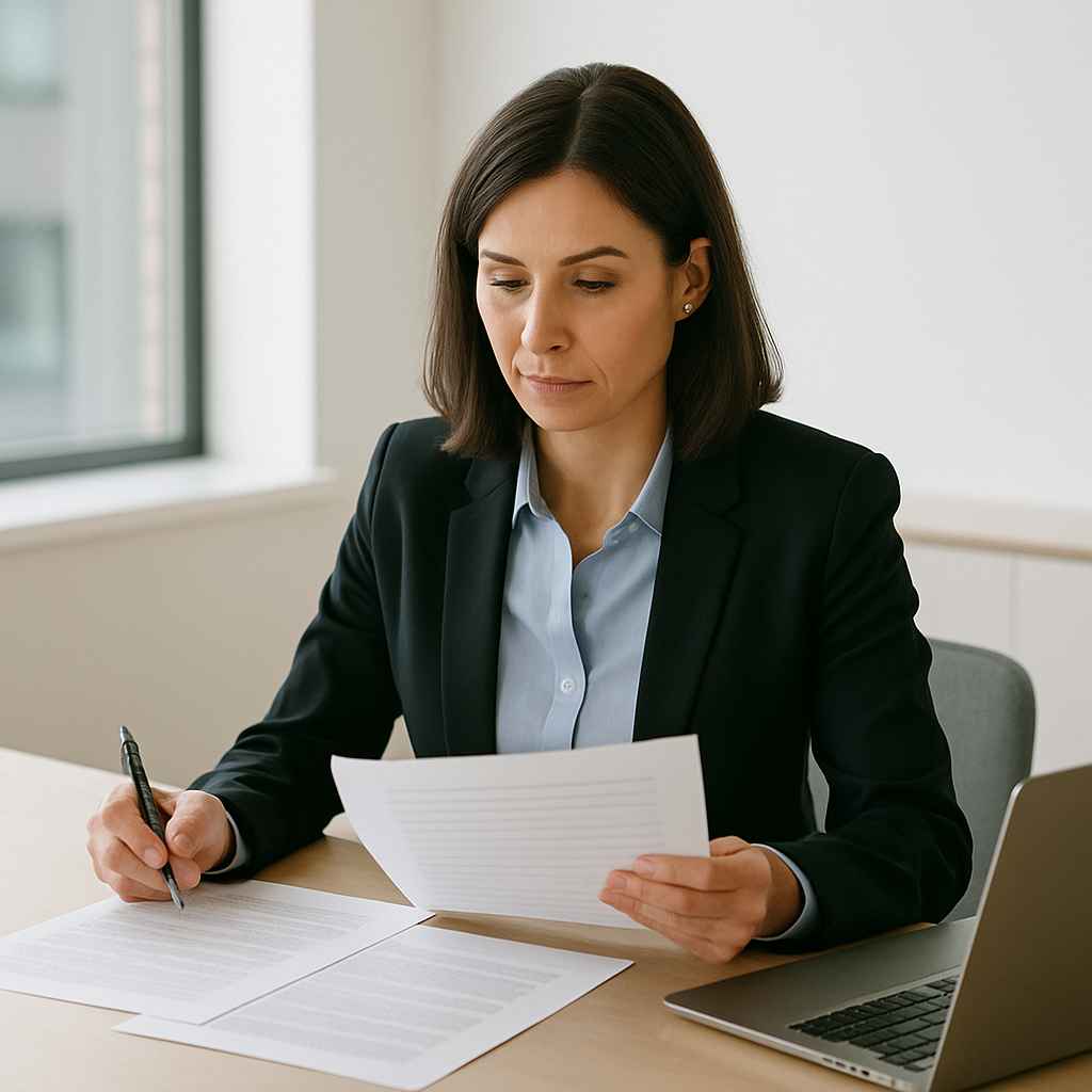 Recruiter reviewing fair hiring compliance documents in a modern office.