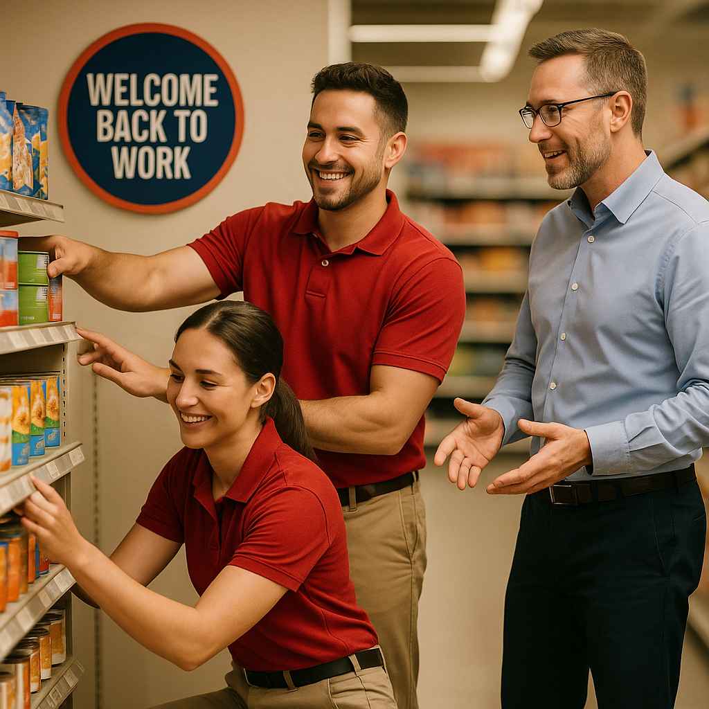 Retail workers receiving guidance from a store manager, representing inclusive hiring practices in retail.