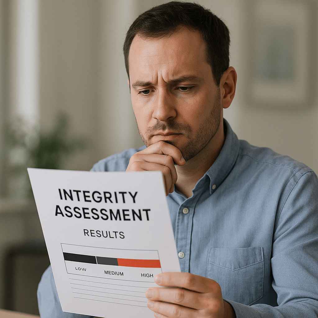 A thoughtful HR manager holding a paper showing high-risk integrity assessment results, representing how integrity assessments uncover workplace risks during recruitment.