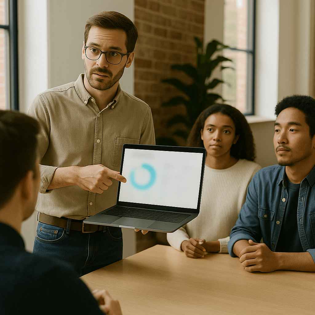 Startup team analyzing hiring performance data from a laptop during a recruitment strategy meeting.