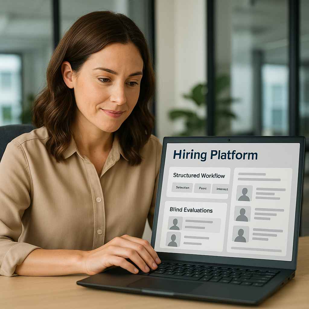HR professional using a hiring platform with structured workflow and blind evaluations—illustrating a tech-enabled approach from a fair hiring guide.
