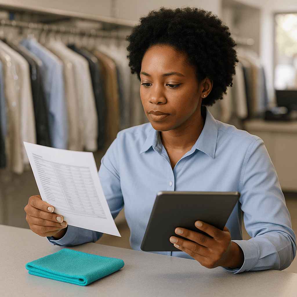 A female hiring manager at TopLine reviewing a candidate assessment and resume side by side in a dry cleaning store environment.