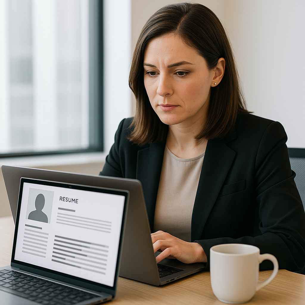 Recruiter conducting blind resume screening to reduce bias.