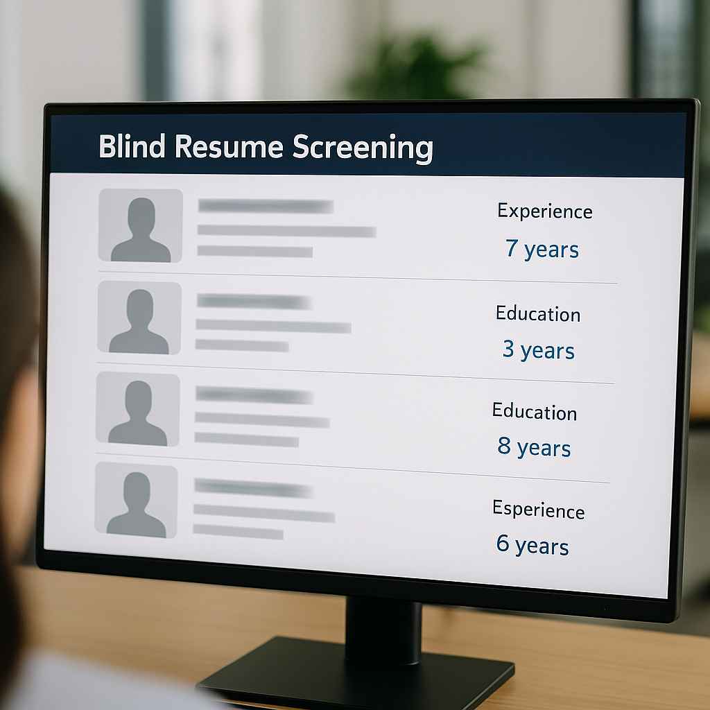 Blind screening dashboard hiding personal identifiers from resumes.