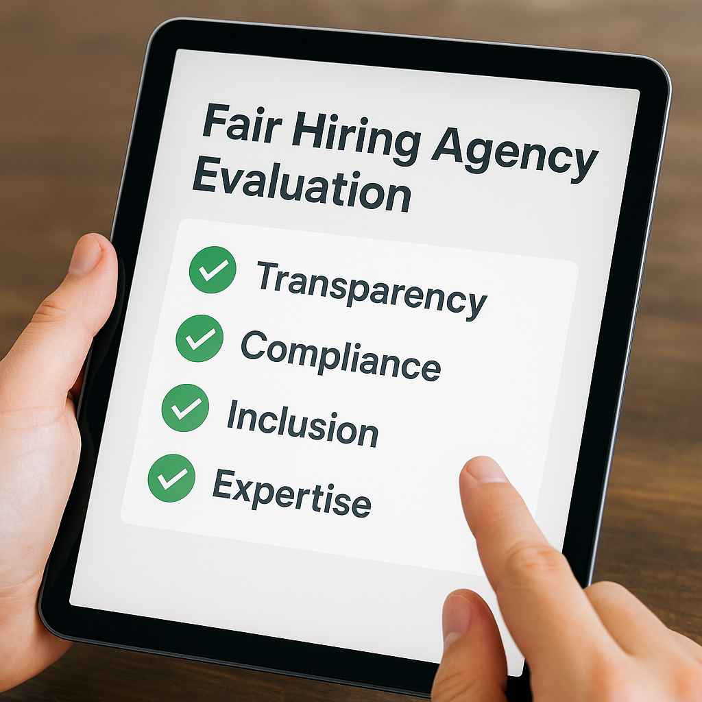 Checklist to evaluate a fair hiring agency on a digital device.
