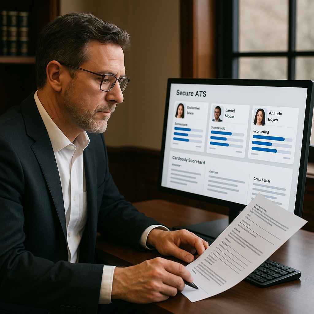 Lawyer reviewing candidate scorecards through a confidential ATS interface.