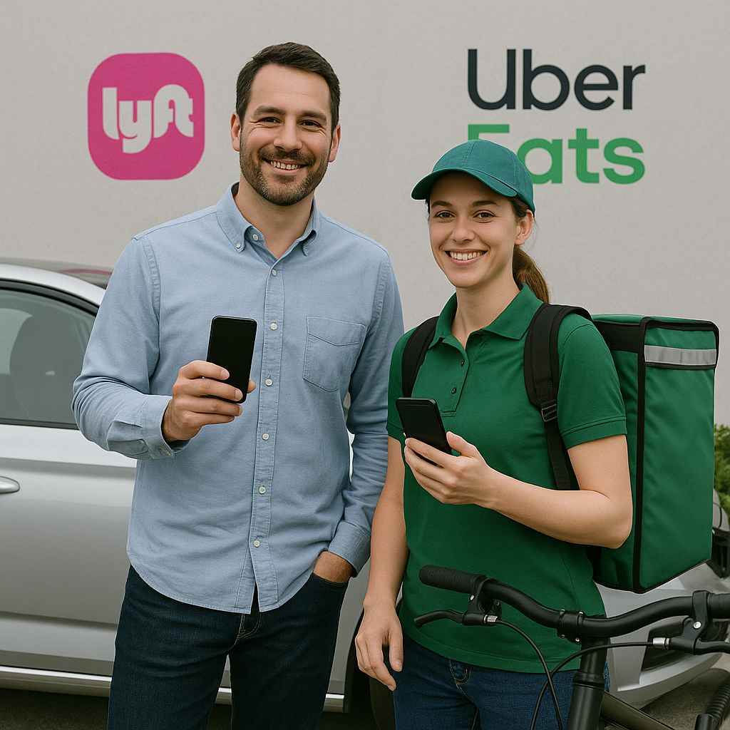 Male and female gig workers preparing for their shifts, representing flexible fair chance hiring opportunities.