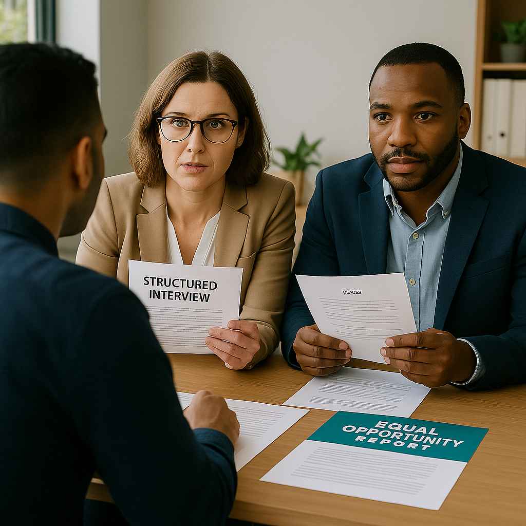 HR managers conducting structured interview with a fair chance candidate.