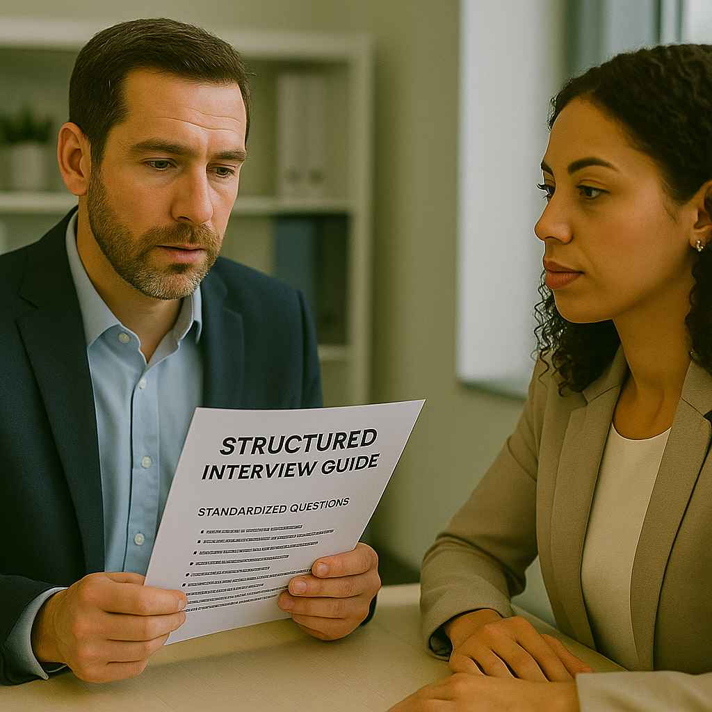 Interviewer using structured questions during a fair chance hiring interview.
