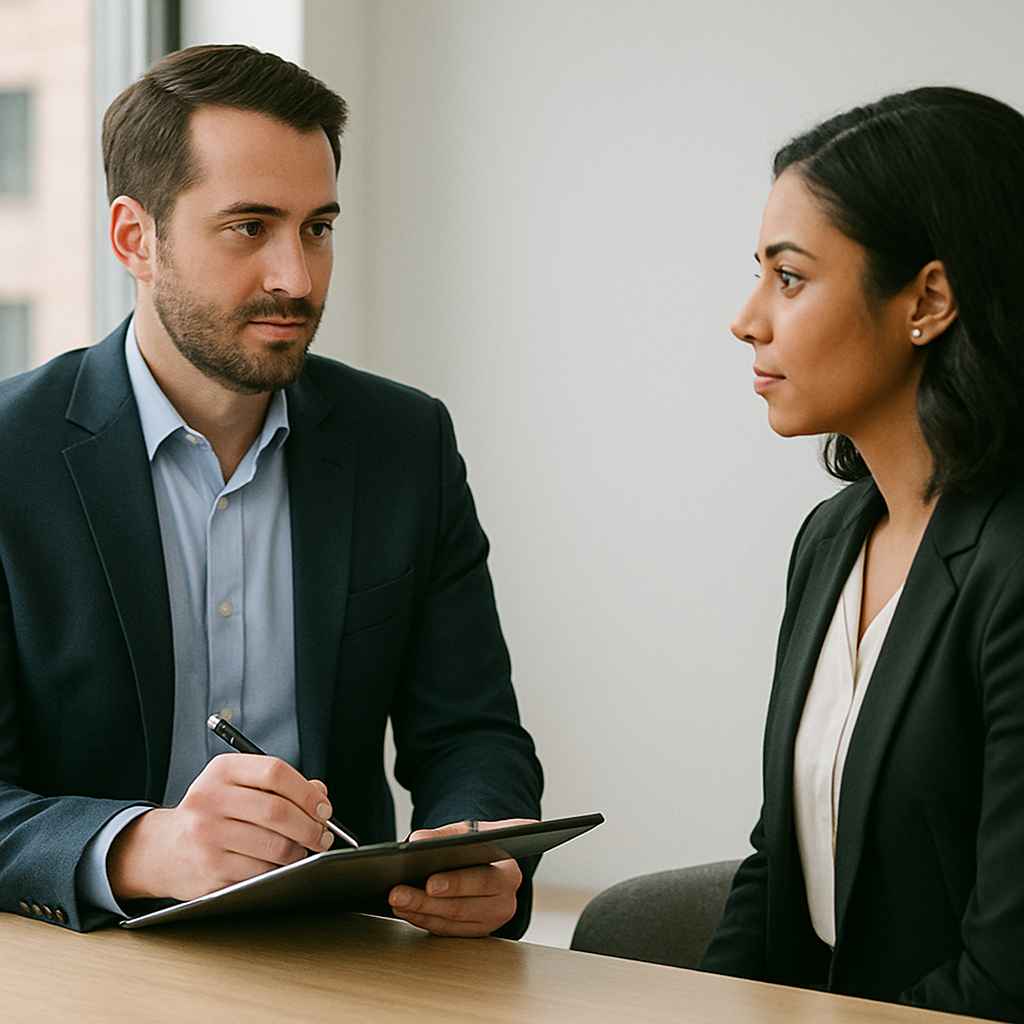 Structured interview setting between recruiter and candidate.