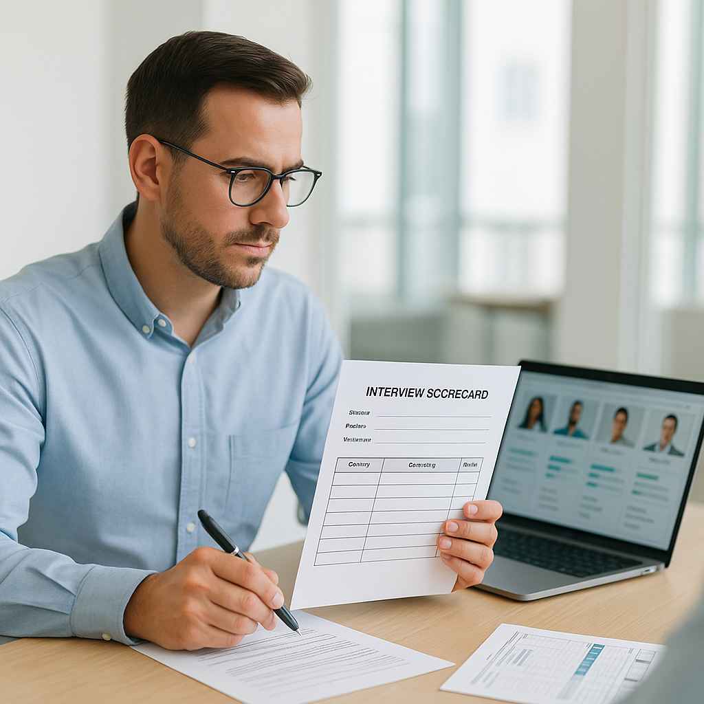 Recruiter making fair hiring decisions using a structured scorecard.