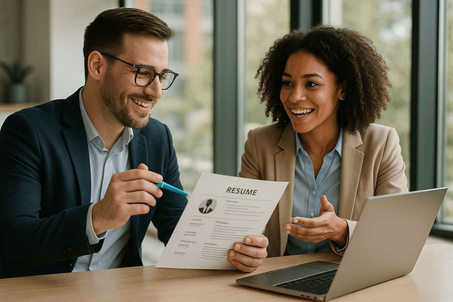 Why Contingency Recruiters Fail and How CEOs Can Hire Top Talent 2 CEO and HR leader reviewing a candidate resume together, discussing culture fit and avoiding contingency recruiters