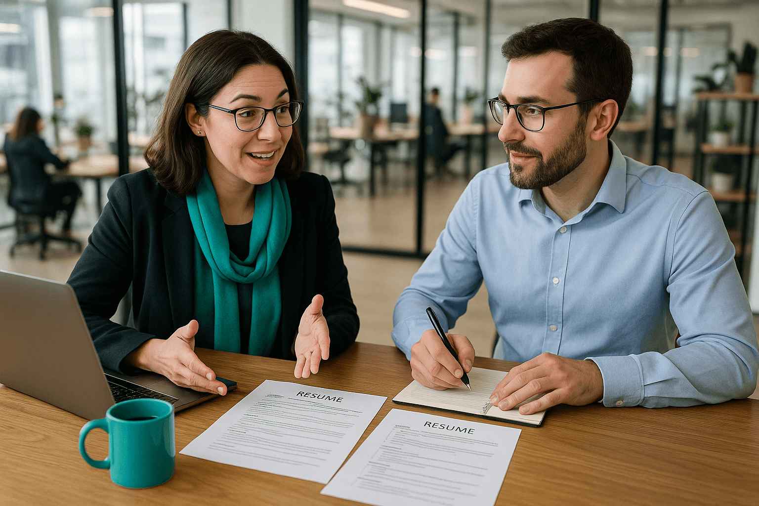 Hiring manager and recruiter discussing candidate resumes during an interview evaluation session using AI resume screening insights.