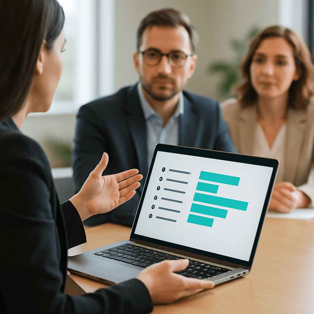 Why Contingency Recruiters Fail and How CEOs Can Hire Top Talent 1 Interview panel evaluating candidate scorecard on a laptop during structured in-house hiring process