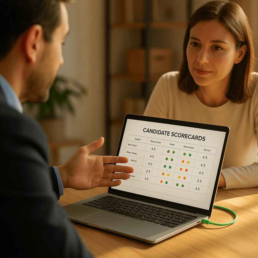 Hiring manager reviews candidate scorecards with a team member to support AI screening decisions during the recruitment process.