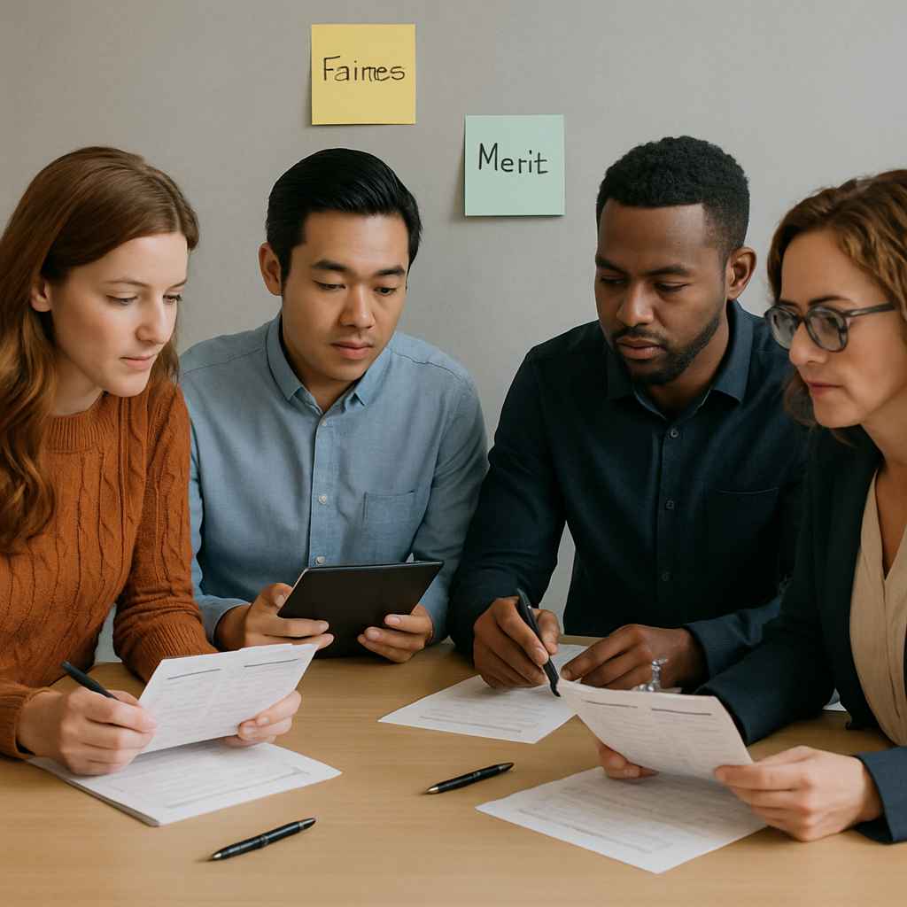 Hiring team making collaborative decisions using structured scorecards.