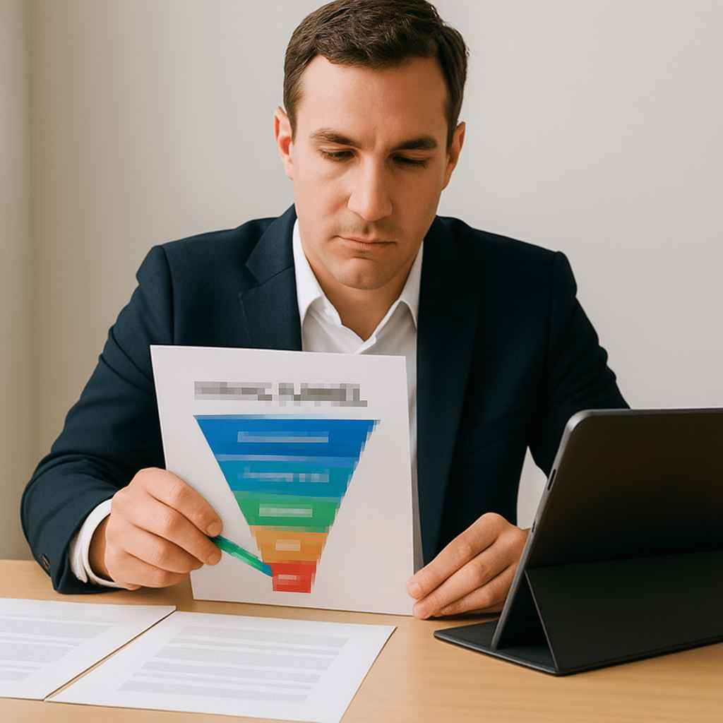 Business professional analyzing hiring funnel metrics on paper during a recruitment strategy meeting.