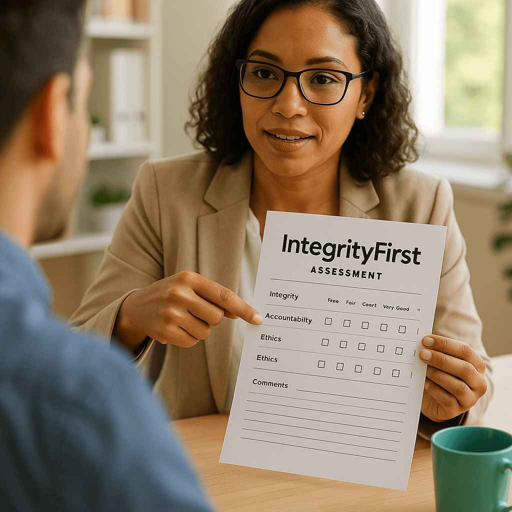 Recruiter reviewing a paper-based integrity assessment form with a candidate to evaluate non-digital applicant reliability
