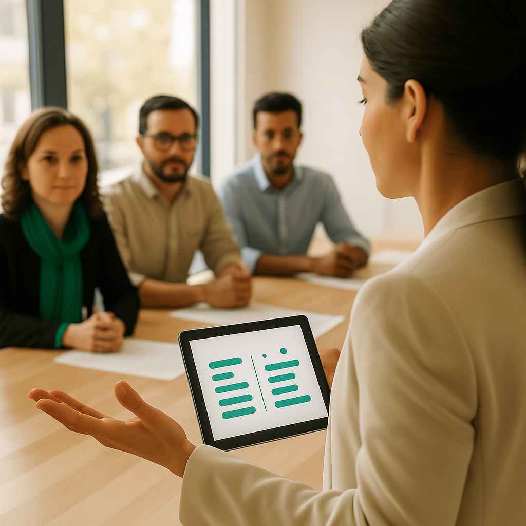 Talent acquisition leader presenting structured candidate data to hiring panel