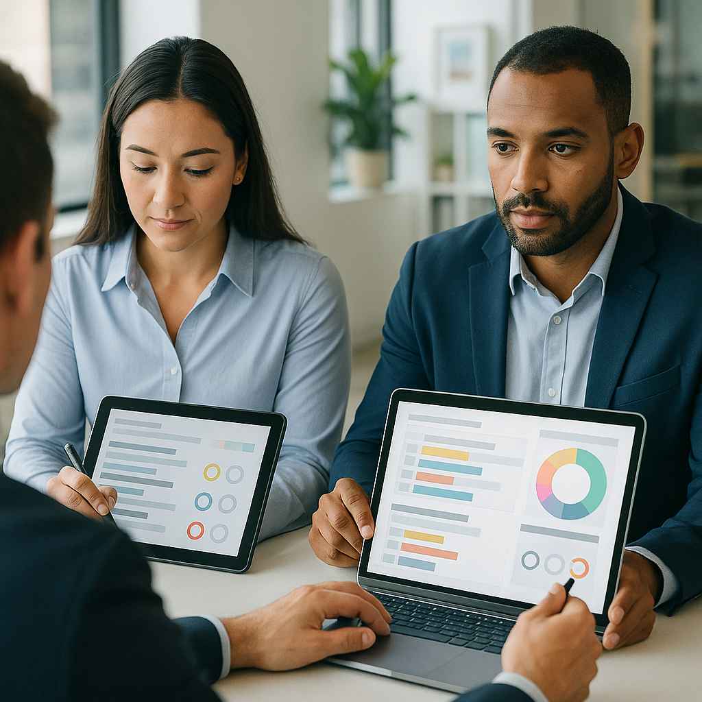 Interviewers individually scoring a candidate using tablets