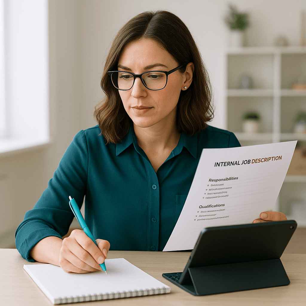 HR professional drafting an internal job description to enable accurate AI resume screening before forwarding profiles.