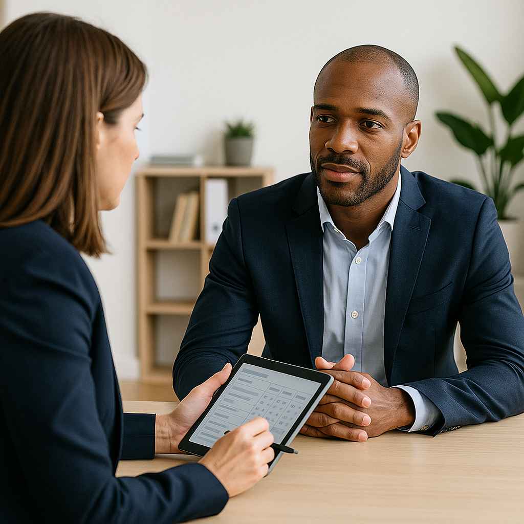 Structured interview using a digital scorecard for evaluation.