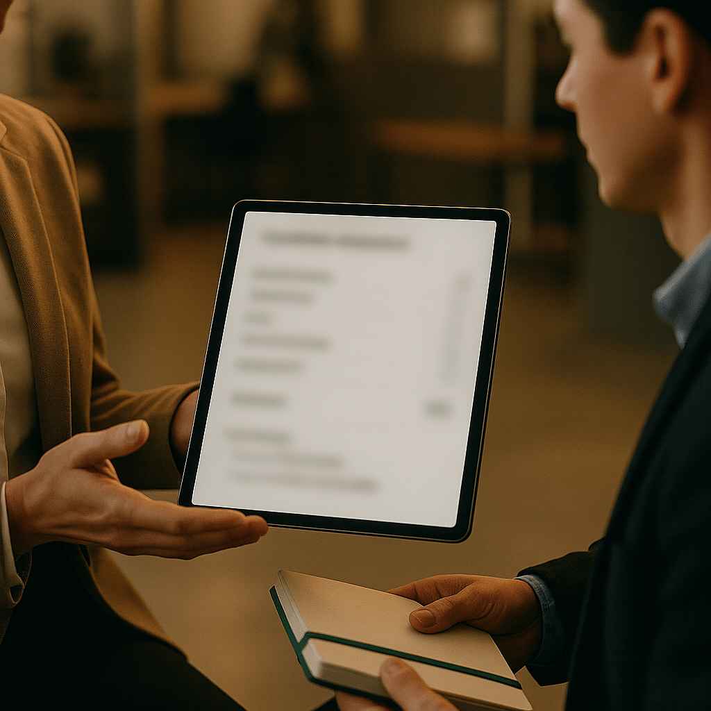 Recruiter showing candidate evaluation scores on a tablet, highlighting AI resume screening criteria such as qualifications and skills.