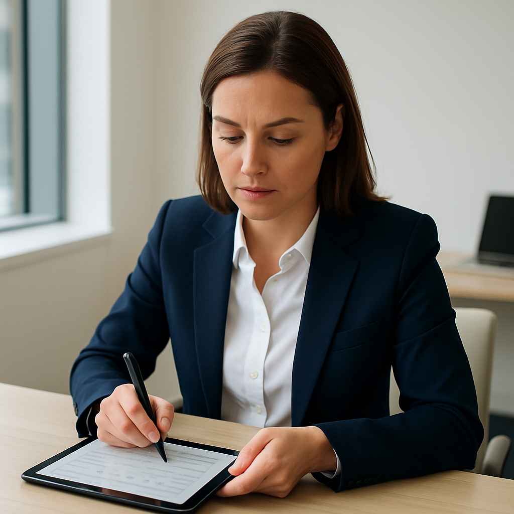 Recruiter filling out a digital candidate scorecard during an interview.