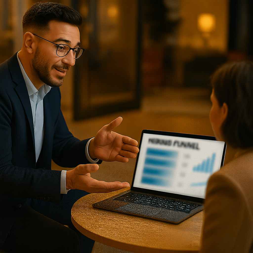 Manager explaining hiring funnel metrics on a laptop screen to a colleague during a strategy session.