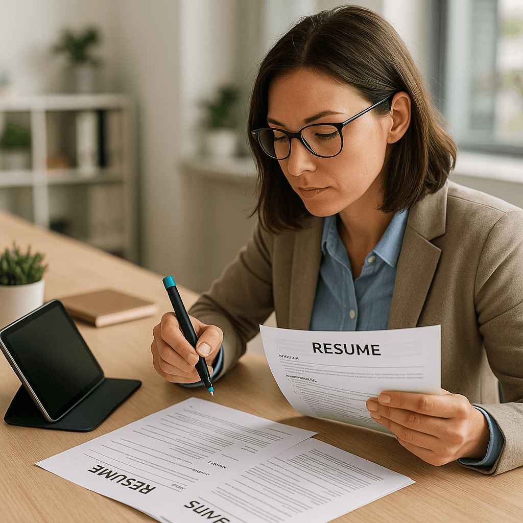 HR manager reevaluating resumes as part of a Retroactive Candidate Evaluation process.