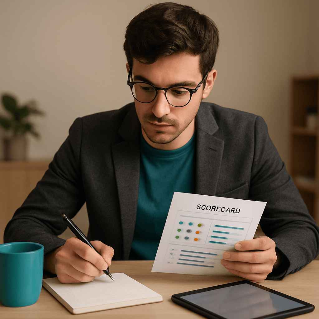 Why Contingency Recruiters Fail and How CEOs Can Hire Top Talent 2 Startup interviewer filling out a candidate scorecard to reduce hiring bias and improve decision-making
