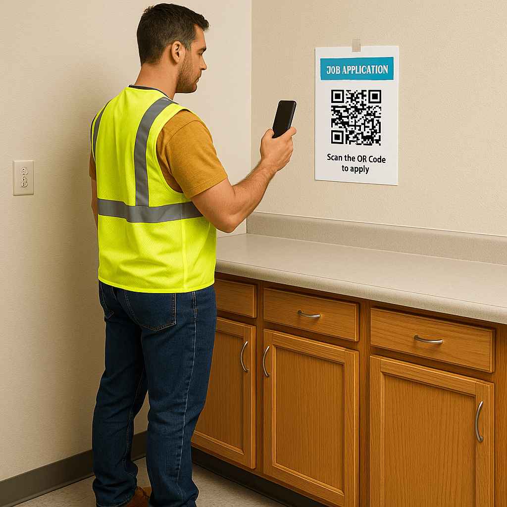 Male laborer scanning a QR code on a wall poster to apply for a job—part of a digital workaround to hire walk-in laborers