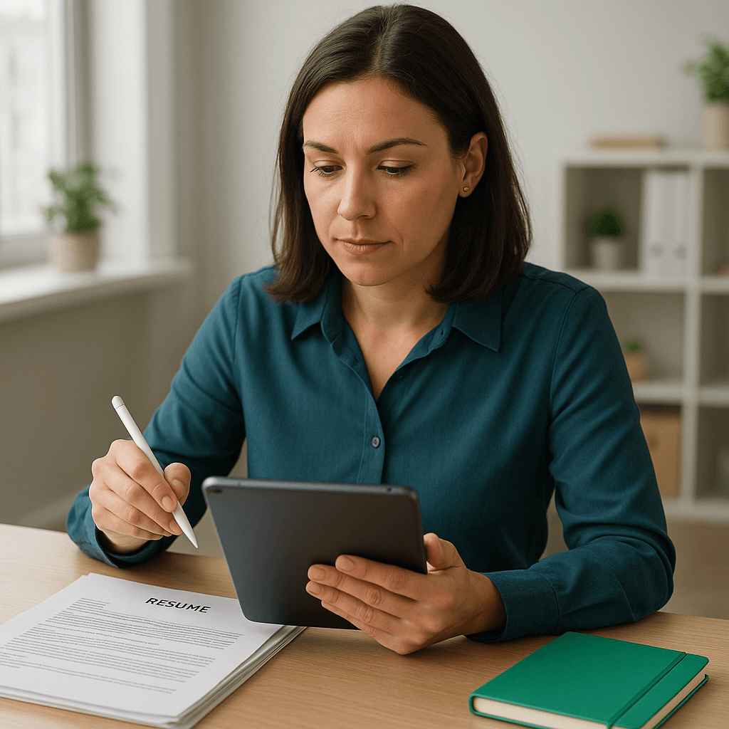 HR professional analyzing a candidate's resume with digital tools to validate results from automated AI screening.