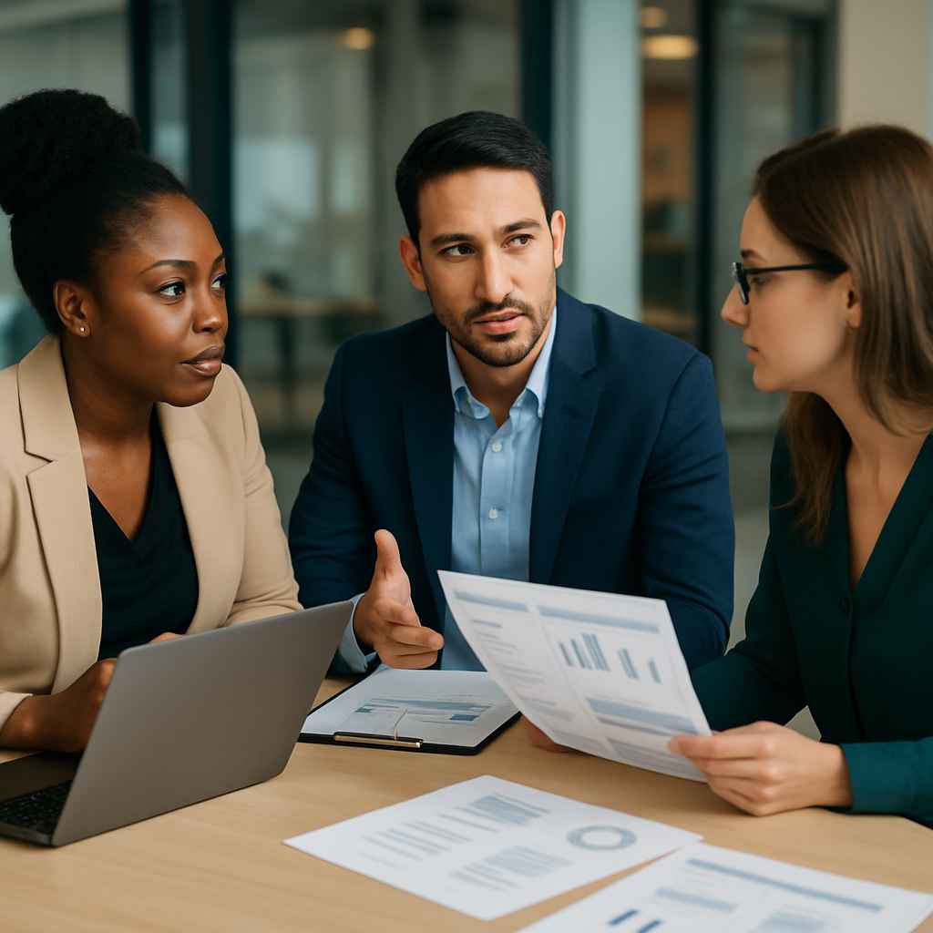 Hiring panel discussing candidate evaluations using scorecards.