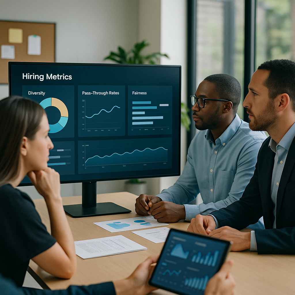 HR team reviewing diversity and fairness metrics in a hiring dashboard.