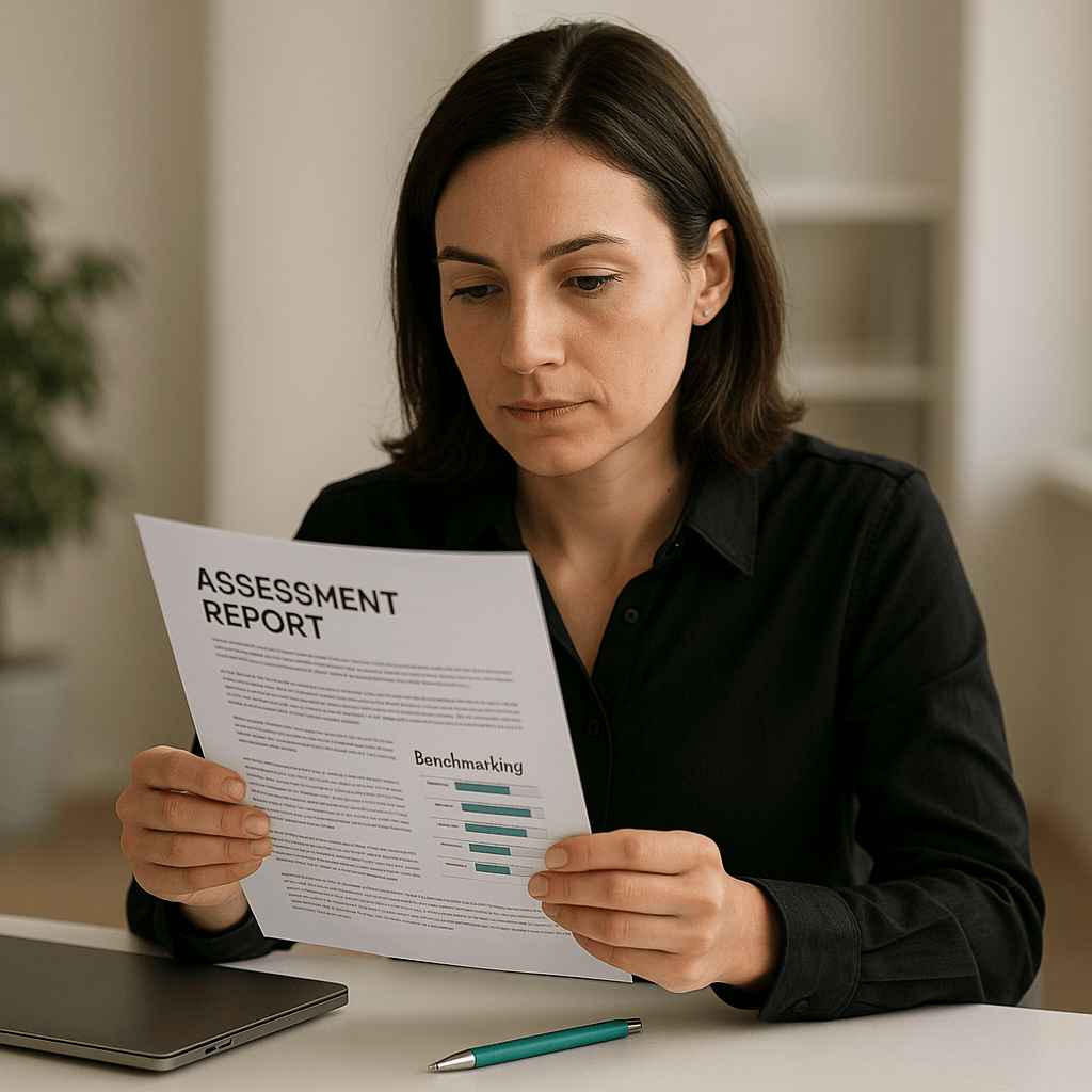 Why You Shouldn’t Share Pre-Employment Assessment Results with Candidates 1 Candidate reading her pre-employment assessment results and interpreting benchmarking feedback