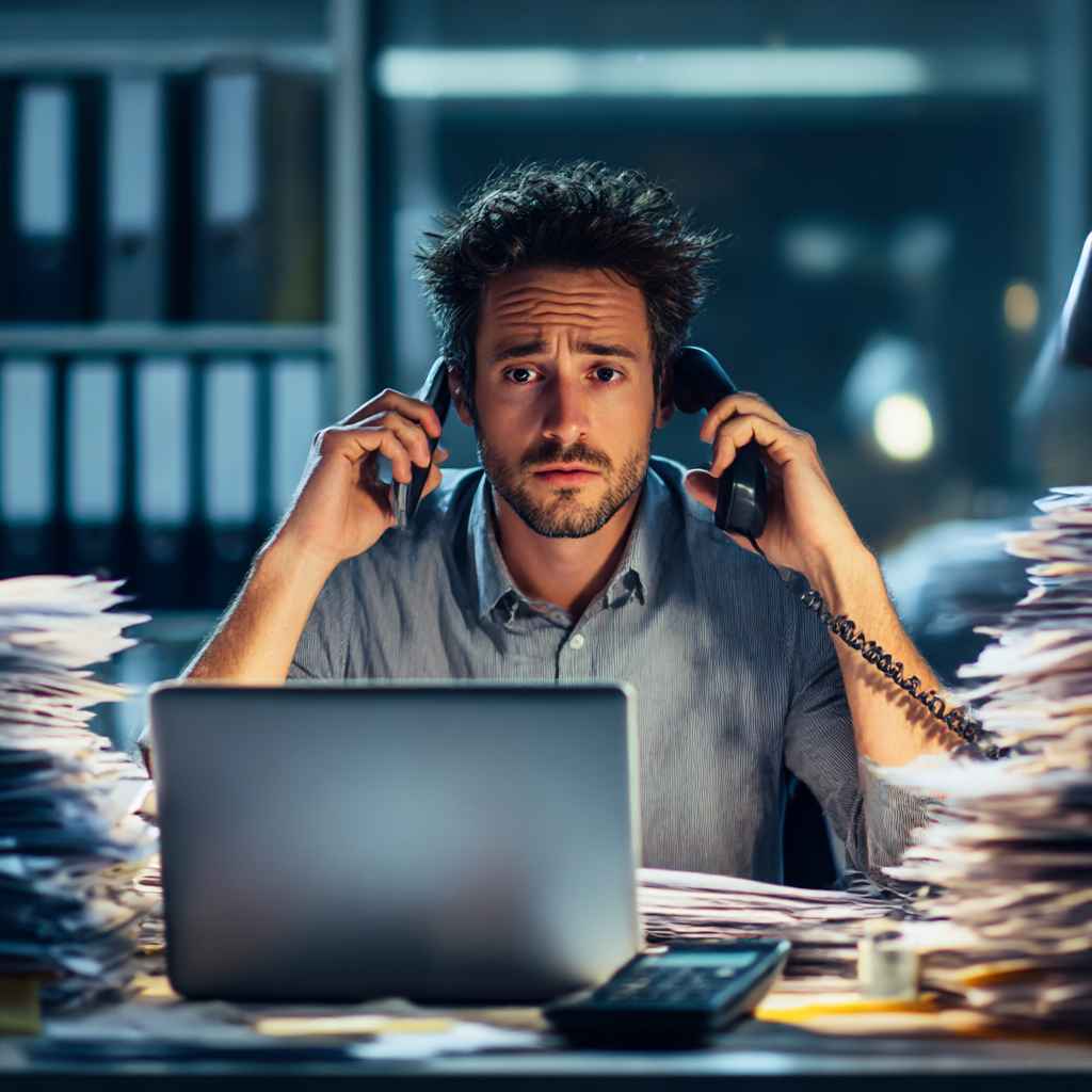 A recruiter looking overwhelmed while juggling multiple manual reference check tasks instead of using automated reference checking software