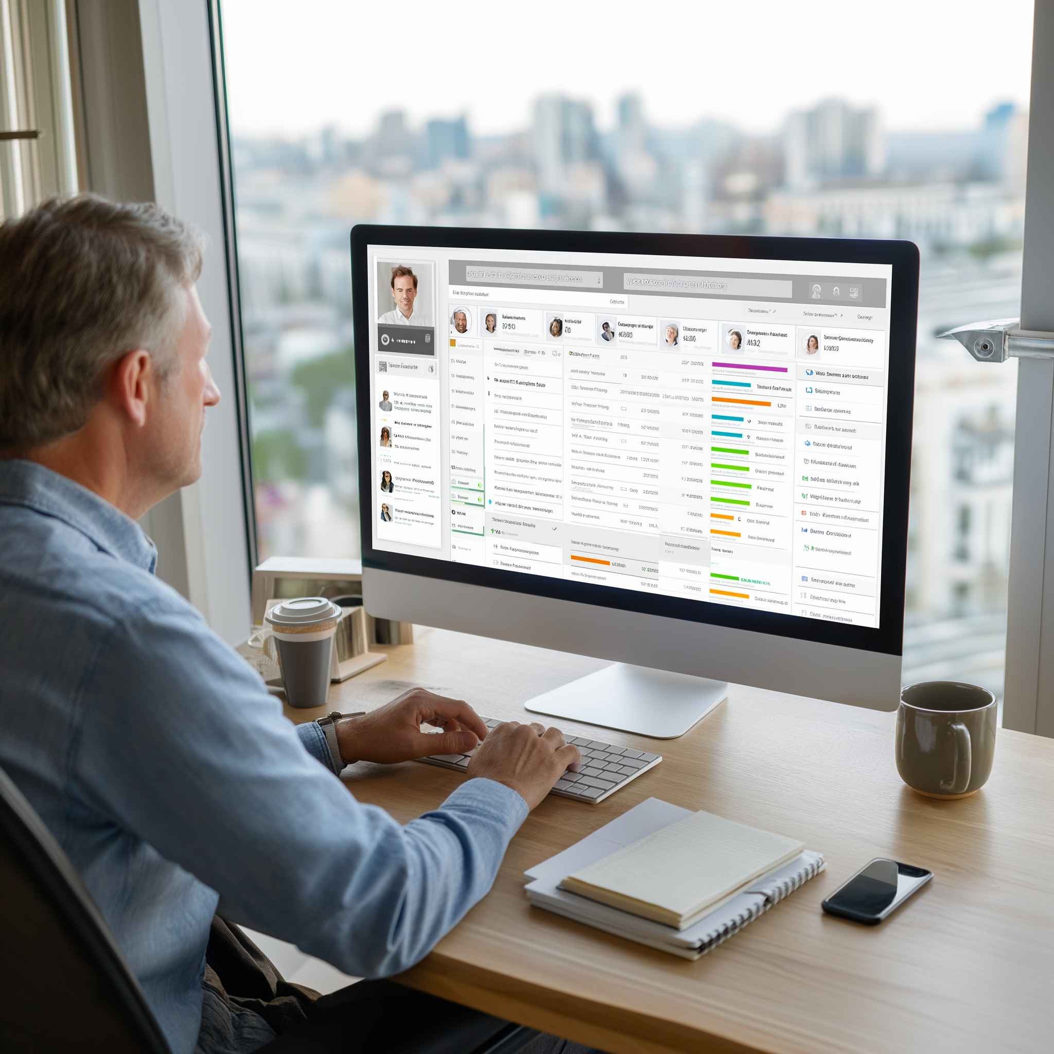 Recruiter reviewing candidate feedback on an automated reference checker platform in a modern HR office.