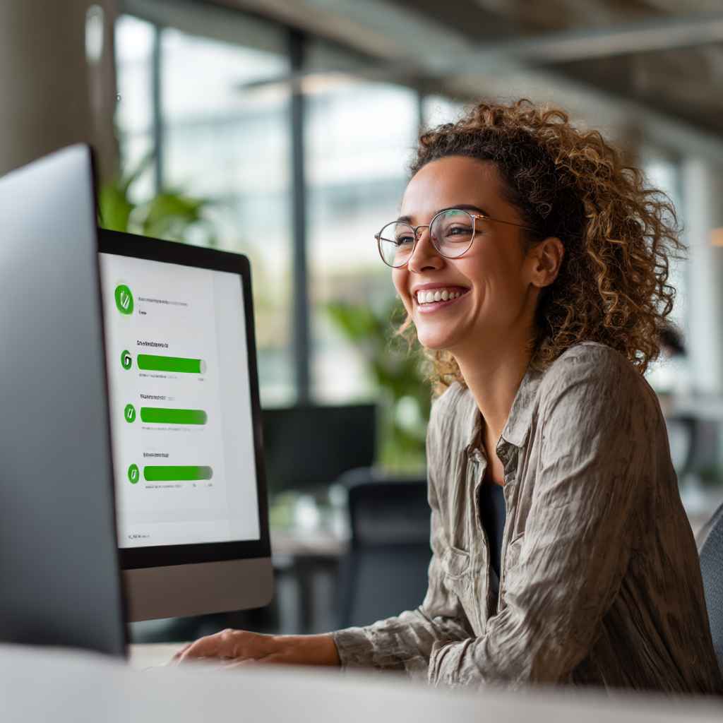 A recruiter relieved and smiling, seeing 6 completed reference checks in 1 day