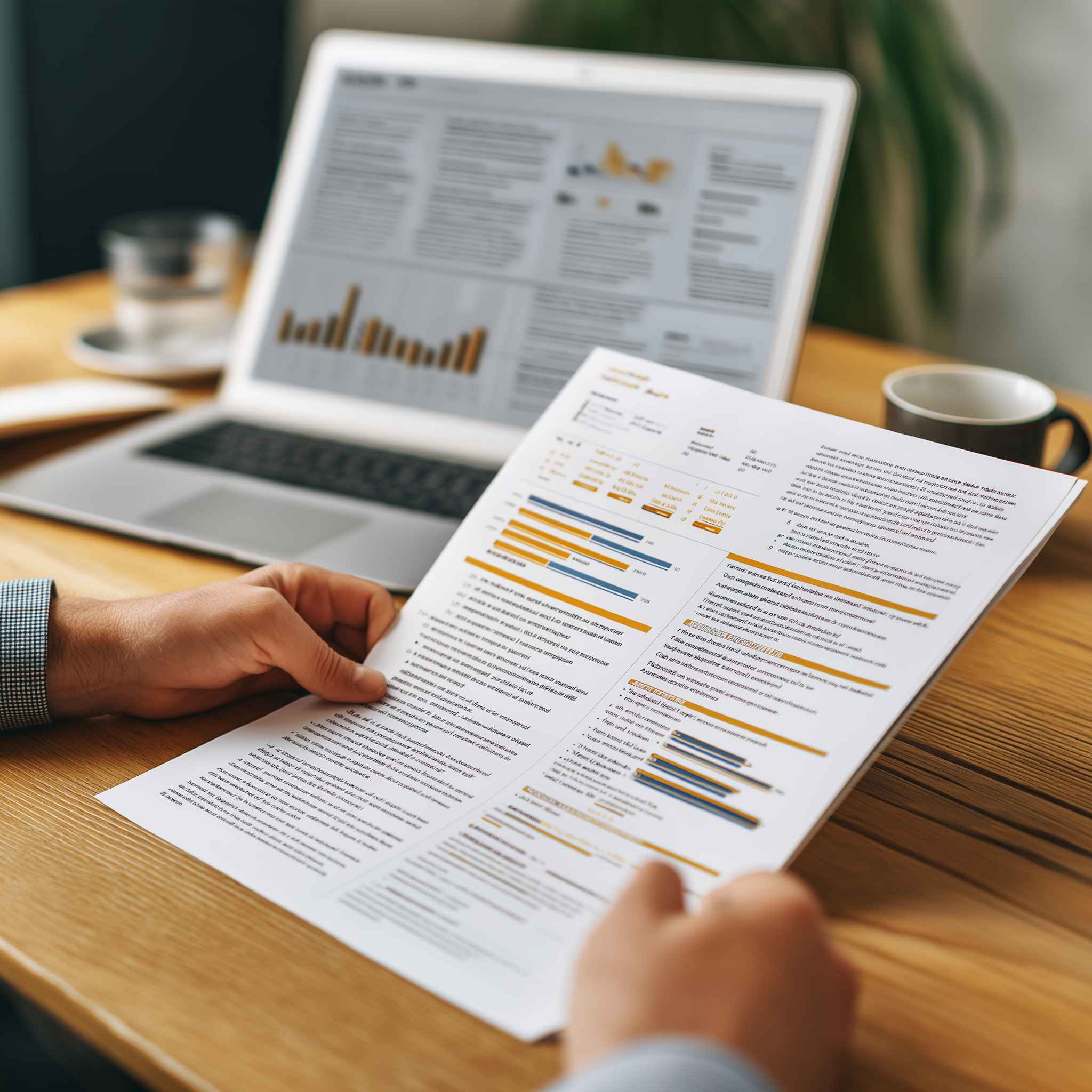 HR professional reviewing printed and digital automated reference check reports.