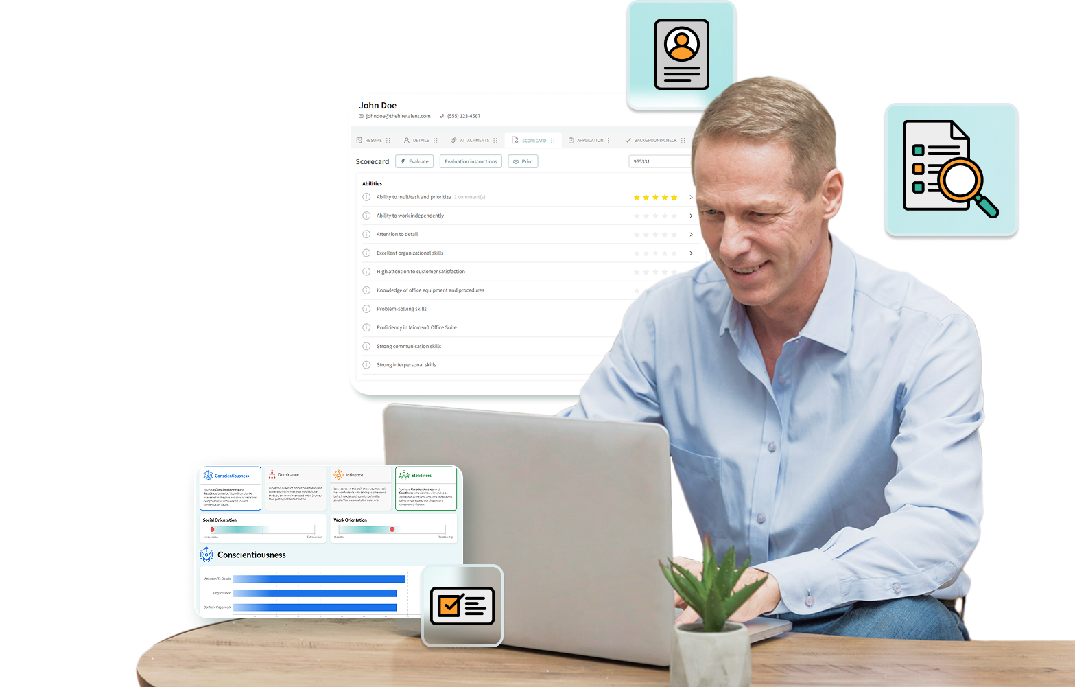 HR professional using data-driven hiring software to evaluate candidates through scorecards, skills assessments, and personality insights, enhancing recruitment efficiency.