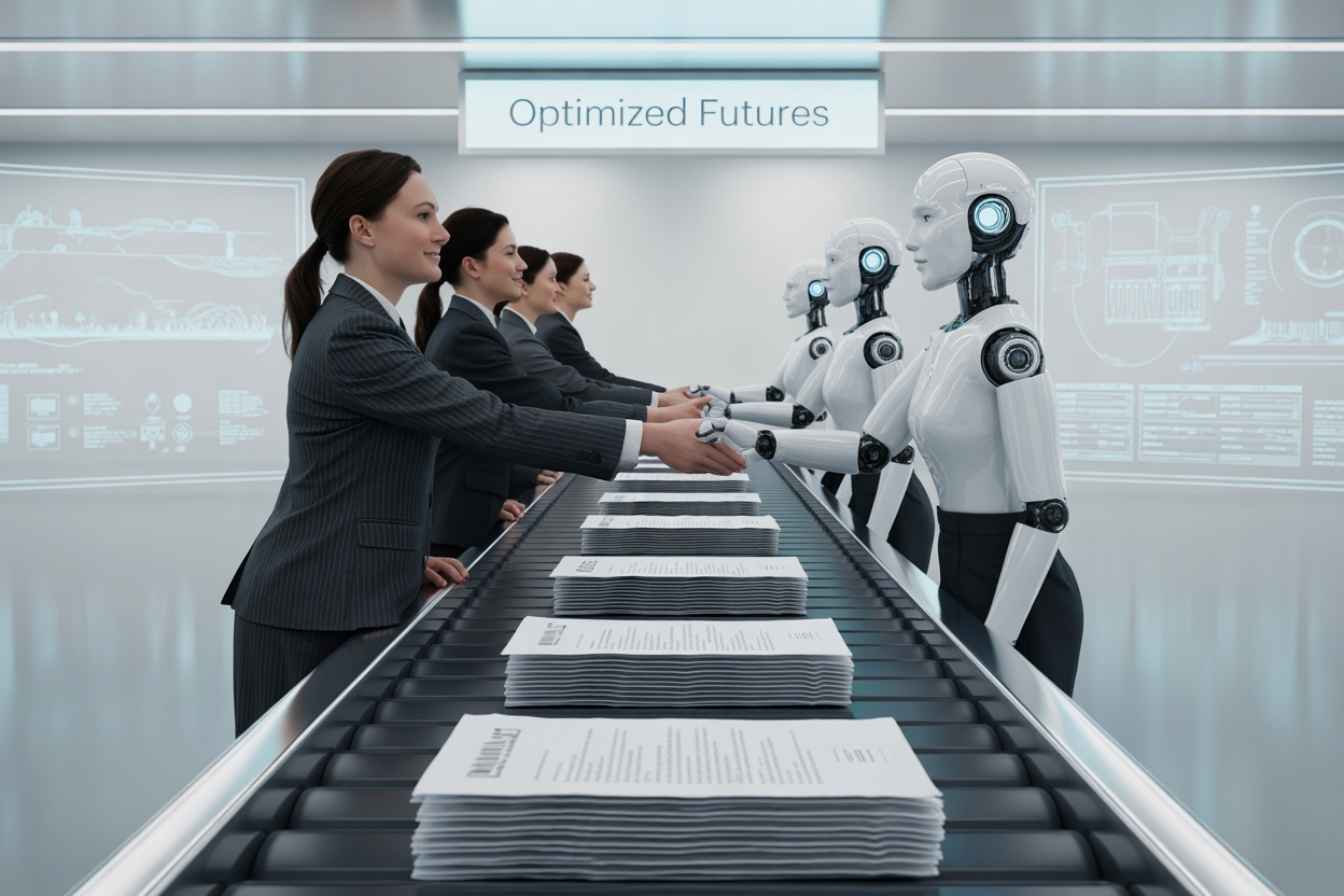 Conveyor belt turning resumes into real candidates with AI support, metaphor for streamlining hiring stages.