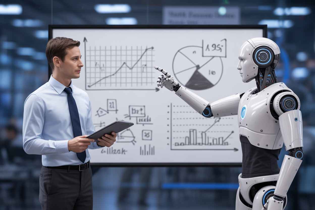 Human recruiter and robot analyzing candidate data for predictive hiring.